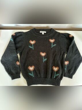Emile et Ida Black Heart Flower Knit Sweater 6yrs Alpaca blend
